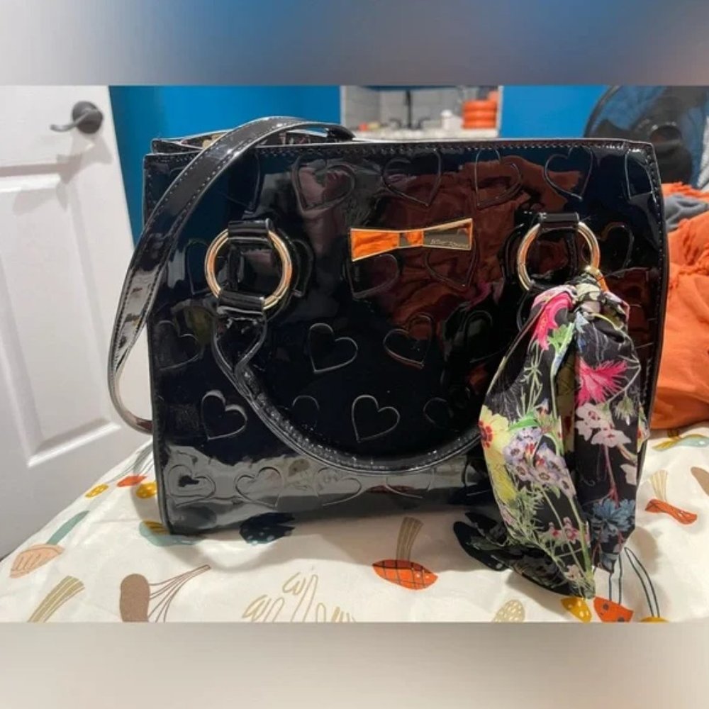Betsey Johnson Black Heart Debossed Satchel Bag